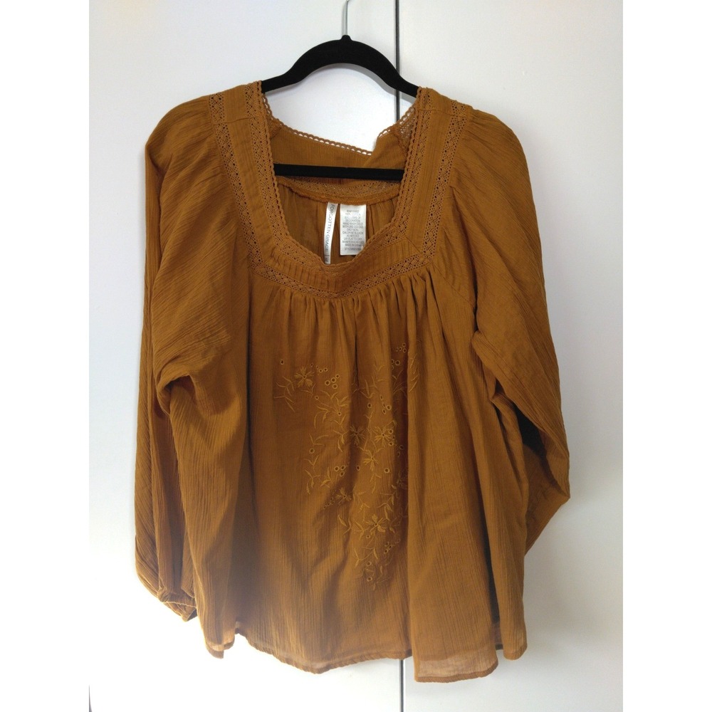 Womens Embroidered Crochet Detail Tunic Top Size XL Rust Brown Boho Chic Cottage